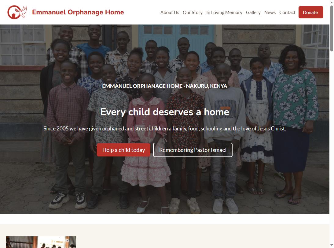 Homepage of the Emmanuel Orphanage Home website designed by NMP, showing the children and Mrs. Carren Wagongo outside the home